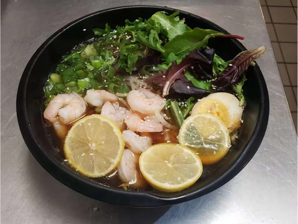 Luv-Ramen-&-BBQ-Japanese-restaurant-Shrimp-Lemon-Ramen-Hawthorne Ramen soup with plump shrimp, lemon slices, soft - boiled egg, mixed greens at Luv Ramen & BBQ, a Japanese restaurant in Hawthorne